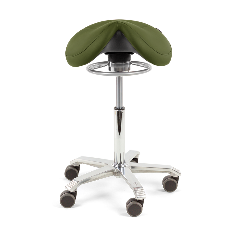 green saddle chair with polished aluminium base