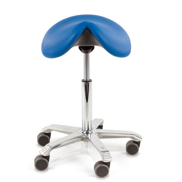 blue vinyl covering on saddle chair with polished aluminium 5 point base