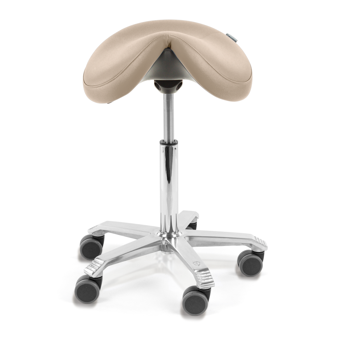 taupe vinyl covered saddle chair with polished aluminium 5 point base