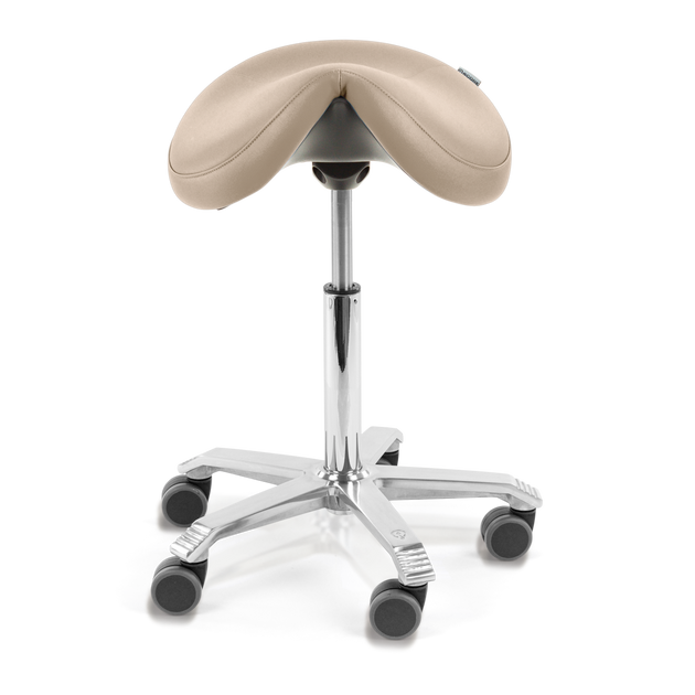 taupe vinyl covered saddle chair with polished aluminium 5 point base