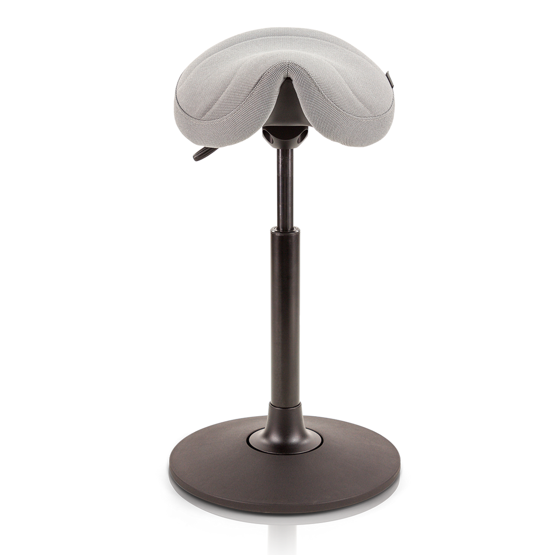light grey saddle chair with black base