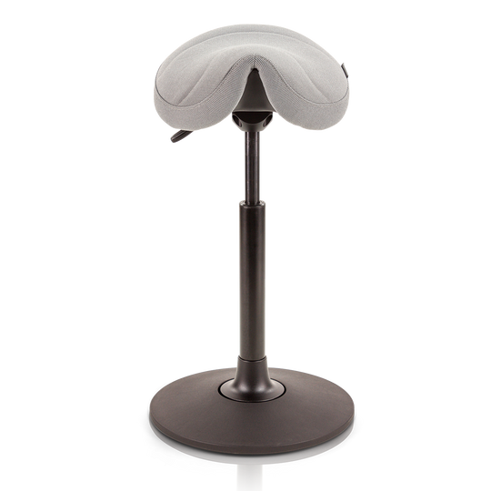 light grey saddle chair with black base