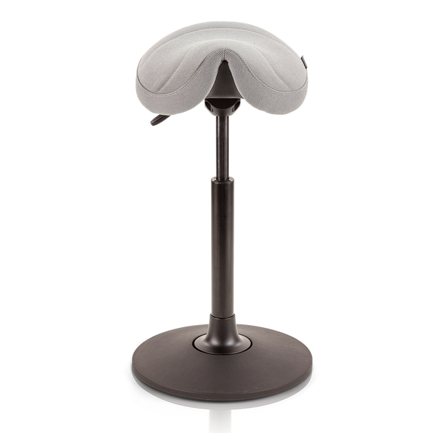 light grey saddle chair with black base