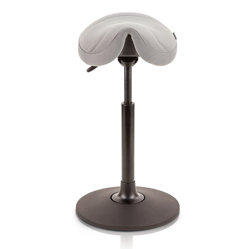 light grey saddle chair with black base