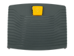 black footrest with orange button for height adjustment