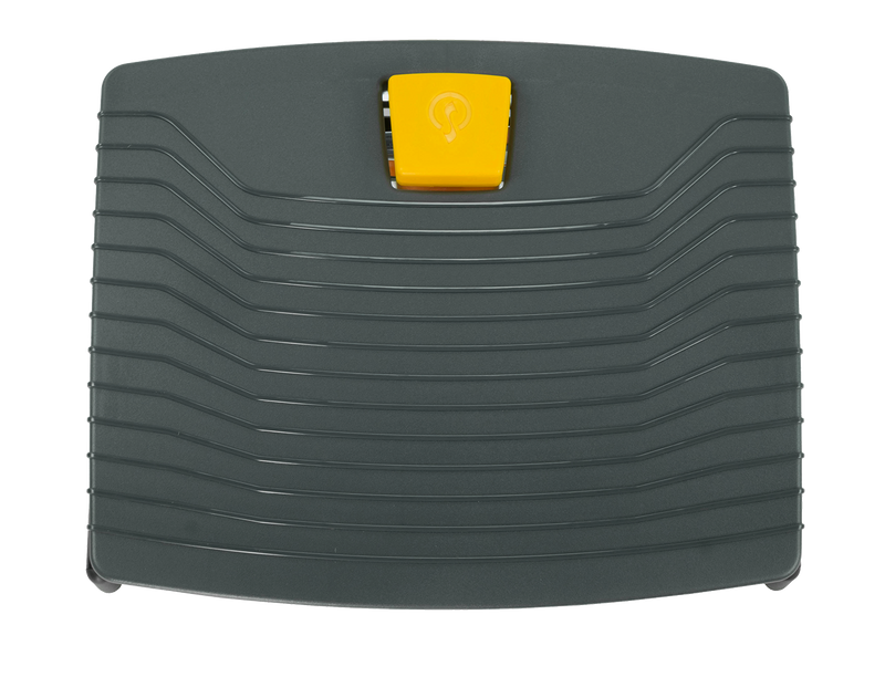 black footrest with orange button for height adjustment