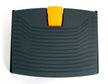 black footrest with orange button for height adjustment