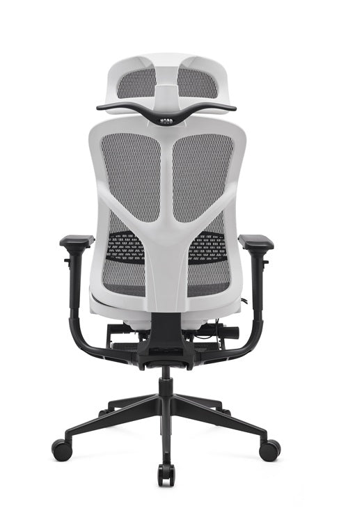 Ergonomic office chair with mesh back and black base on a white background
