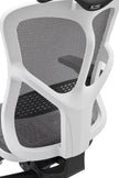 Close-up of a ergonomic chair with mesh backrest and white frame.