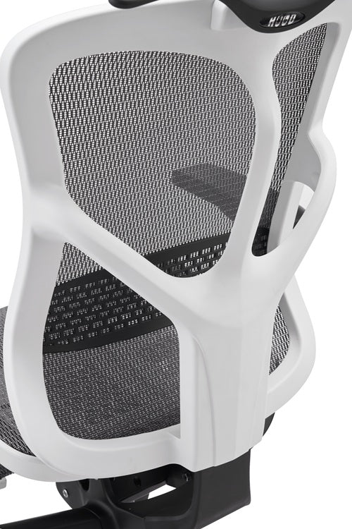 Close-up of a ergonomic chair with mesh backrest and white frame.