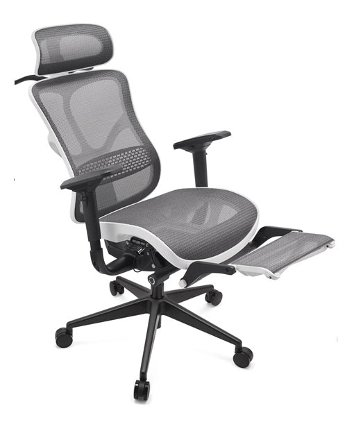 Ergonomic office chair with mesh back and adjustable armrests on a white background