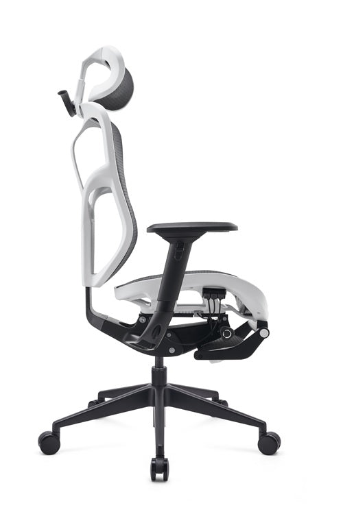 Ergonomic office chair with adjustable headrest and lumbar support on a white background