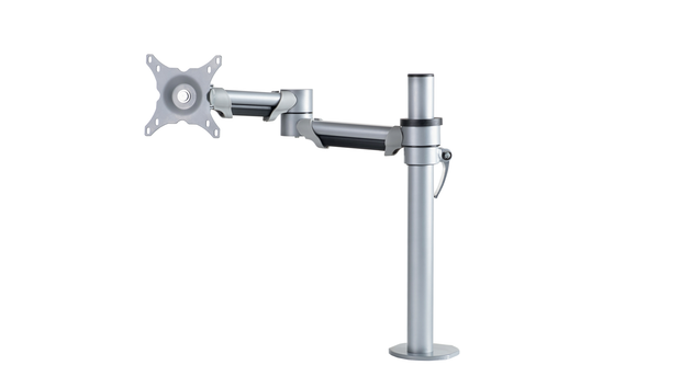A single pole monitor arm in silver colour with adjustable height and a mounting plate for a monitor.