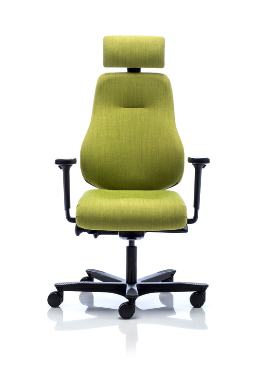 Green office chair with headrest on a white background