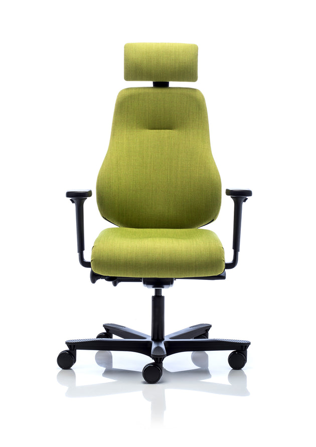 Green office chair with headrest on a white background