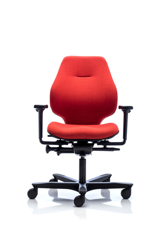Red office chair with black frame on a white background