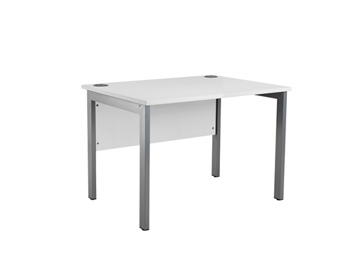 White office desk with silver legs on a white background