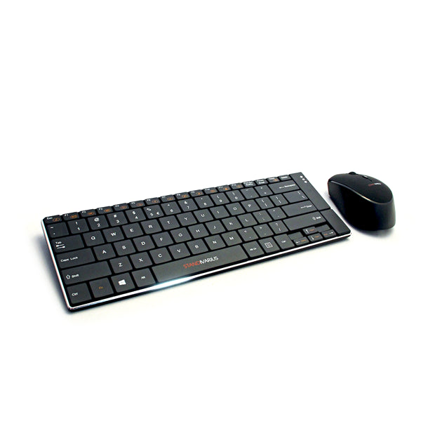 A silver laptop stand with adjustable angles, accompanied by a wireless optical mouse and a wireless keyboard, on a white background.