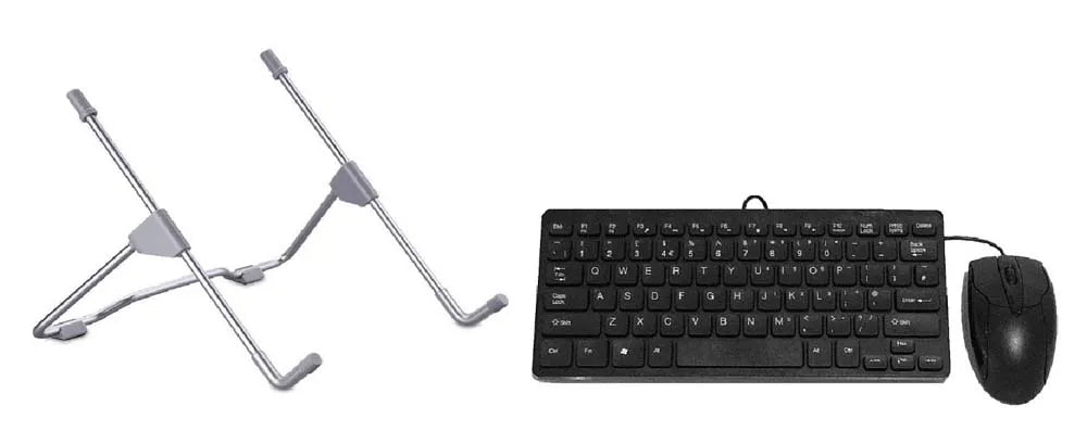 image showing items included in ergo laptop kit, including laptop stand, mouse and keyboard