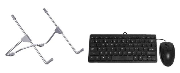 image showing items included in ergo laptop kit, including laptop stand, mouse and keyboard