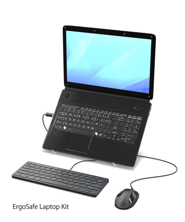 A laptop with an attached ergonomic keyboard and mouse on a flat surface, representing the Ergosafe Laptop Kit.