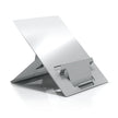 A silver laptop stand with in-built document holder, made of aluminum, with adjustable height settings.