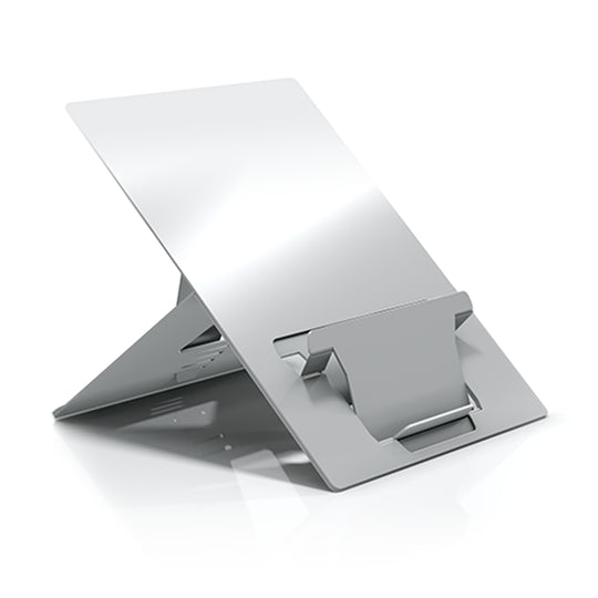 A silver laptop stand with in-built document holder, made of aluminum, with adjustable height settings.