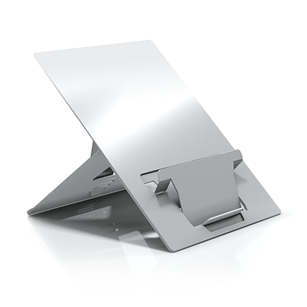 A silver laptop stand with in-built document holder, made of aluminum, with adjustable height settings.