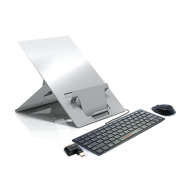 A silver laptop stand with adjustable angles, accompanied by a wireless optical mouse and a wireless keyboard, on a white background.