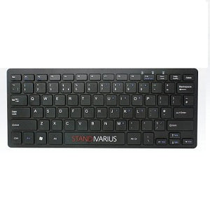 black compact keyboard with white lettering and visable standvarius logo