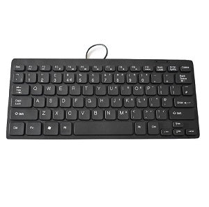 black compact wired keyboard with white lettering