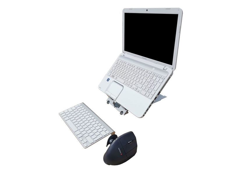 A silver laptop folded open on a stand with a detachable keyboard and a mouse, showcasing a portable ergonomic solution for laptop and tablet use.
