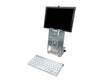 A silver laptop and tablet stand with a tablet attached to the top part. The stand is designed to hold devices in a upright position.