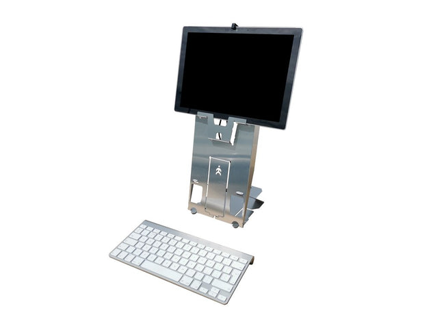 A silver laptop and tablet stand with a tablet attached to the top part. The stand is designed to hold devices in a upright position.