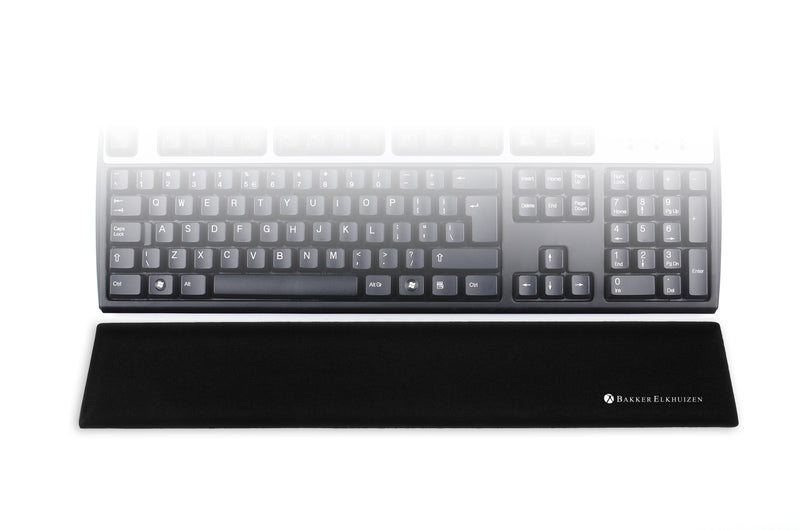 image showing black trapezium standard wrist support in front of a standard size keyboard