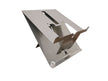 A silver laptop stand with adjustable settings and a built-in document holder, designed to vertically lift the laptop.