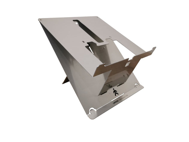 A silver laptop stand with adjustable settings and a built-in document holder, designed to vertically lift the laptop.