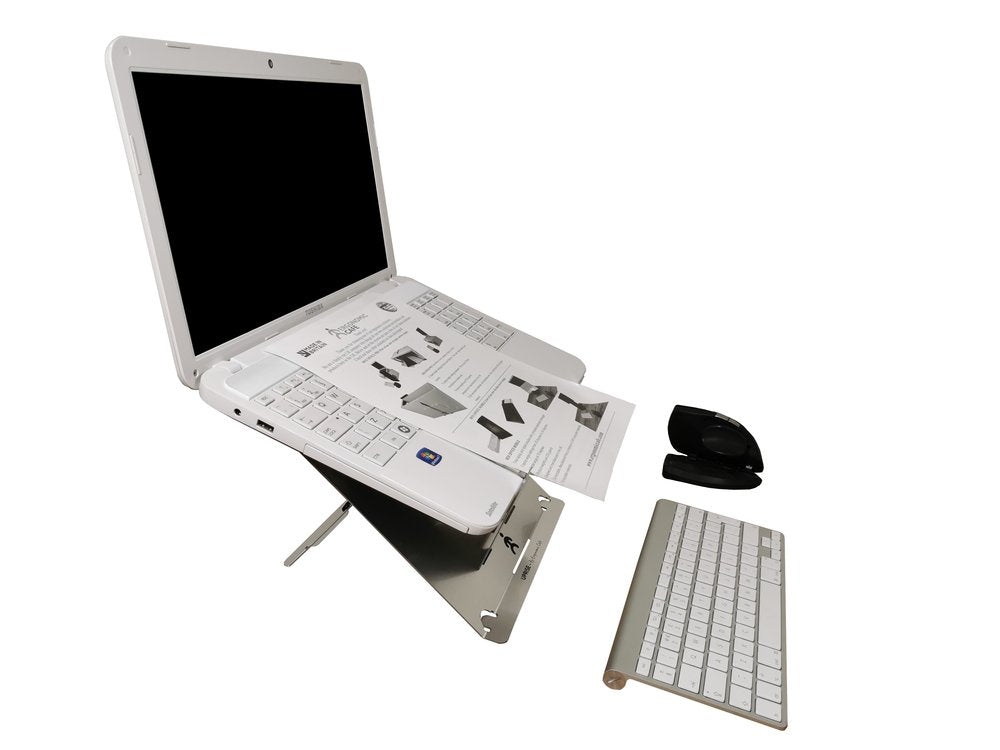 image showing laptop riser in use with seperate keyboard and mouse