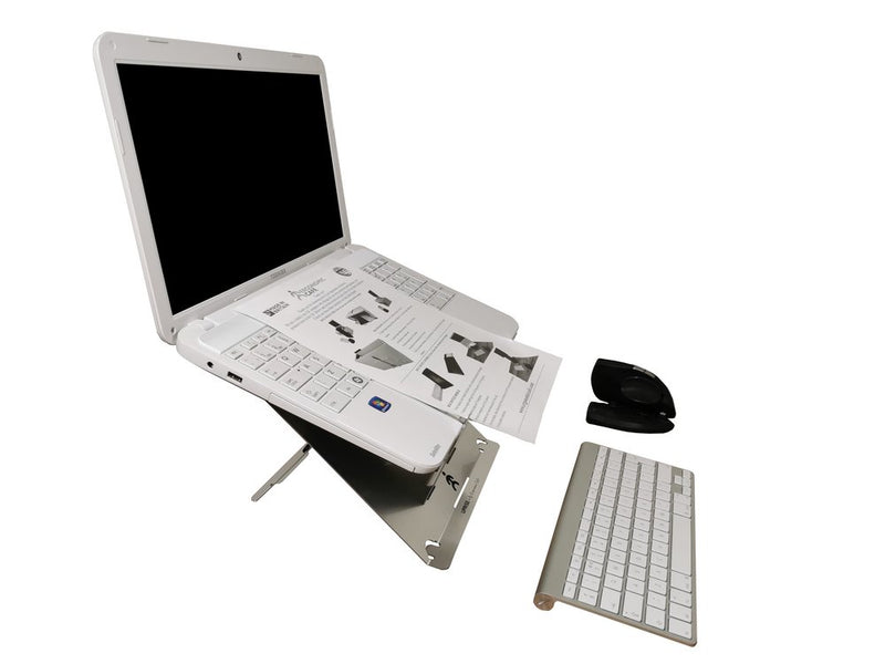 image showing laptop riser in use with seperate keyboard and mouse