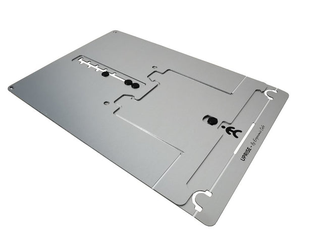 A silver laptop stand with multiple adjustment levels and a built-in document holder, marked with the brand Uprise.