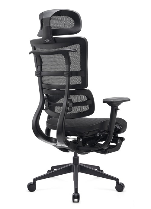 Black ergonomic gaming chair with mesh back on a white background