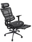 Black ergonomic office chair with mesh back and footrest on a white background