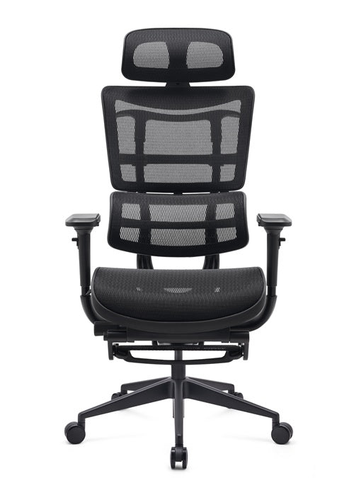 Black ergonomic office gaming chair with mesh back and seat on a white background