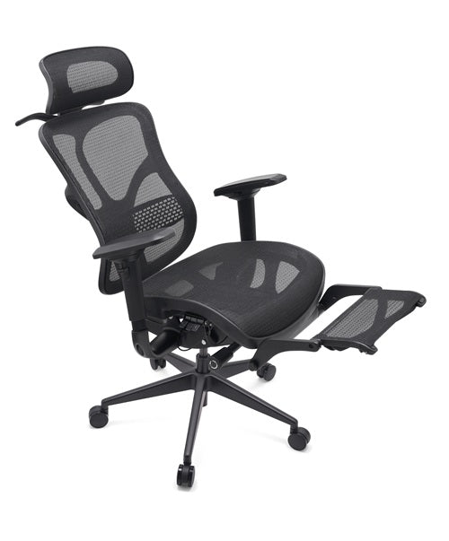 Black ergonomic office chair with mesh design on a white background