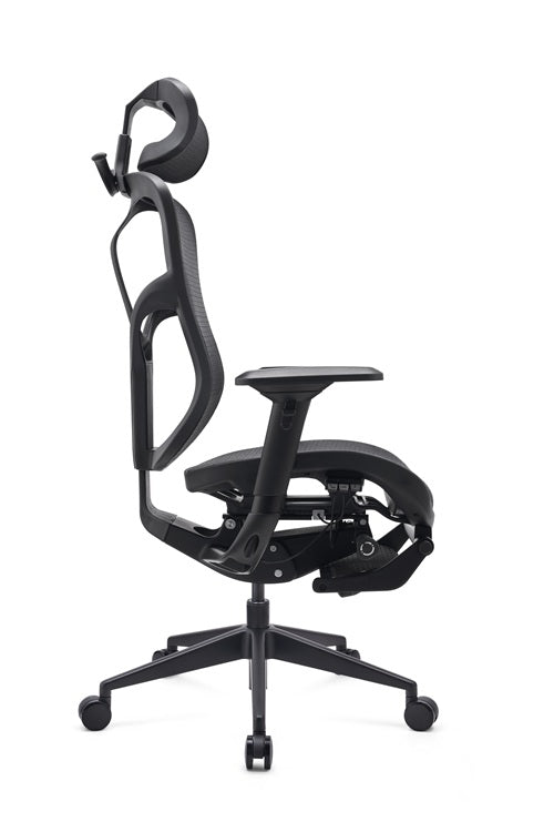 Black mesh ergonomic office chair with headrest on a white background