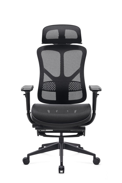 Black mesh office chair on a white background