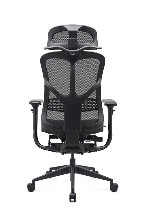 Black ergonomic office chair with mesh back on a white background