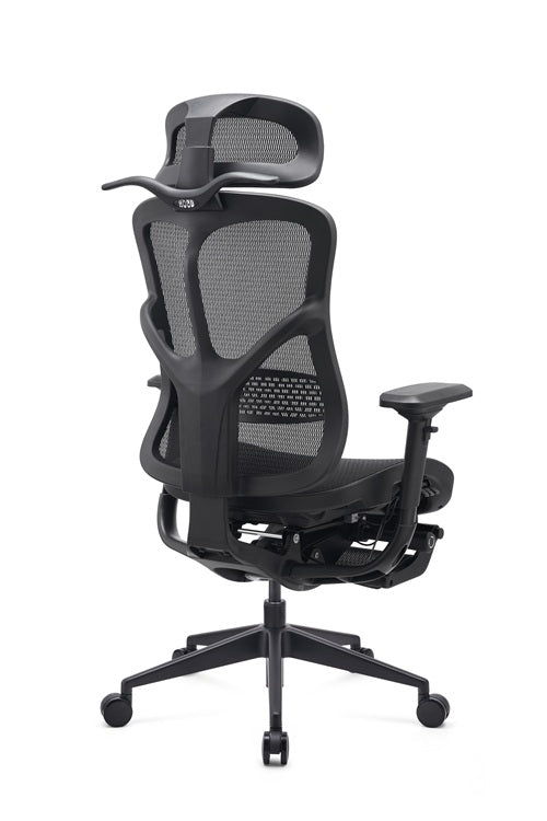 Black ergonomic office chair with mesh back on a white background