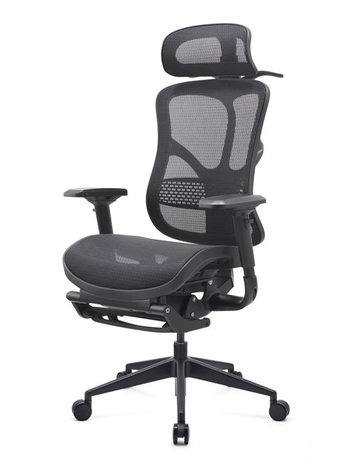 Black office chair with mesh back and seat on a white background
