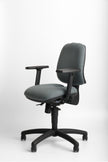 Grey ergonomic office chair with black base on a white background